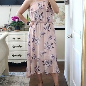 Pastel pink with purple/white floral midi dress